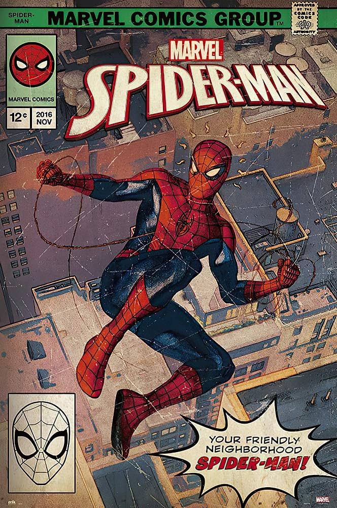 Vintage Marvel Spider-Man comic book cover with Spider-Man swinging through a cityscape.